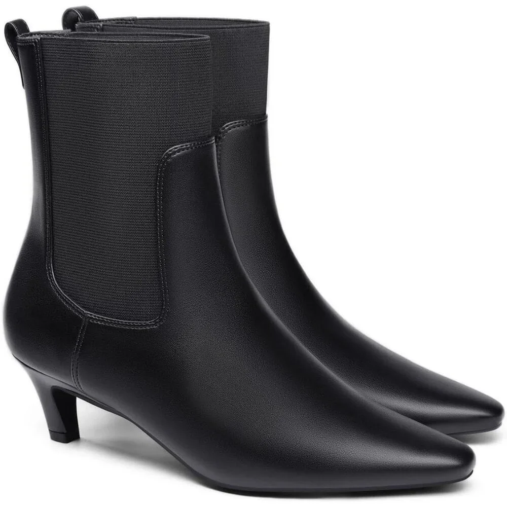 Women's Black Pu Ankle Low Kitten Heel Pointed Toe Slip On Dressy Winter Boots